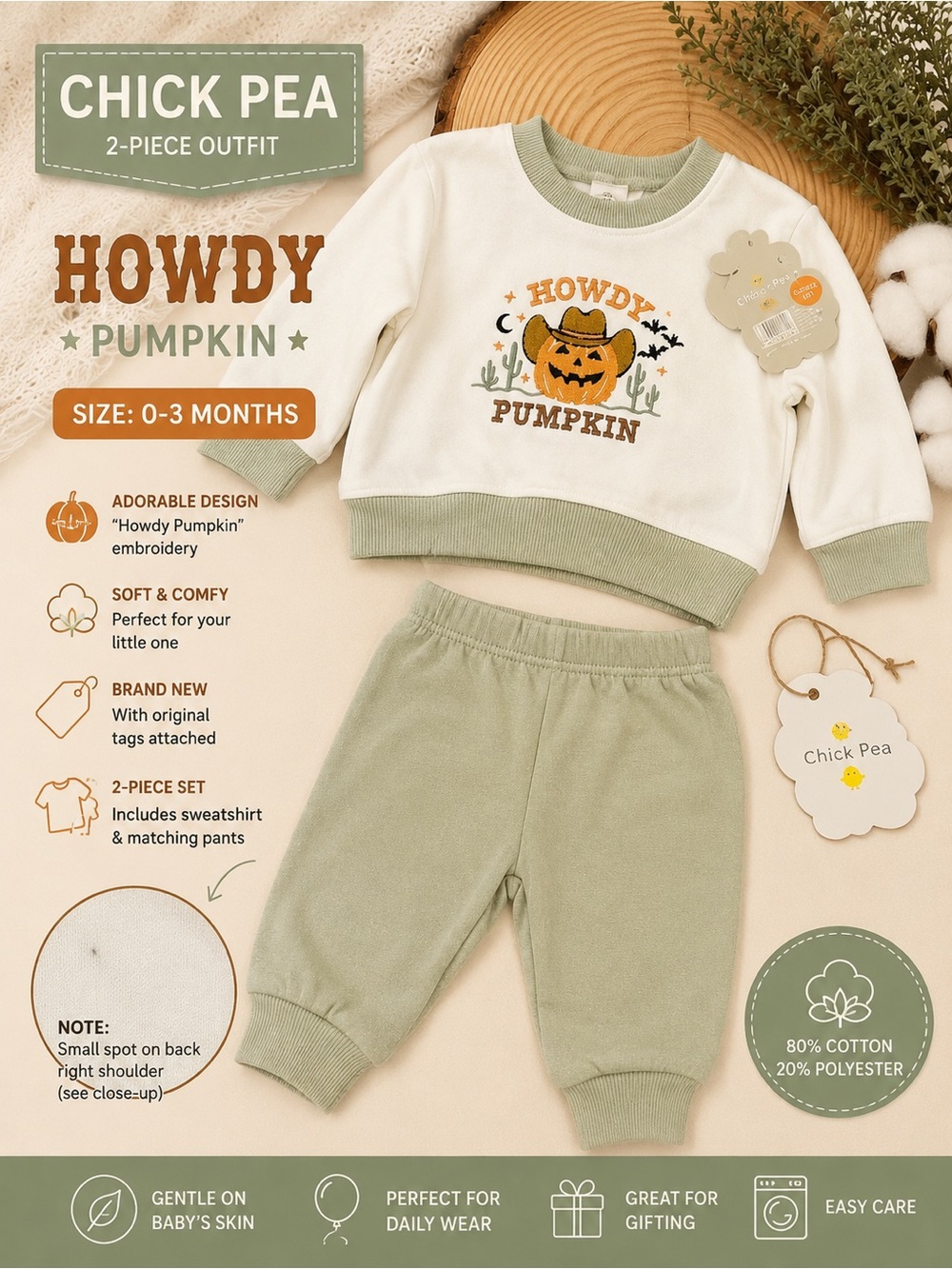 chick pea Cream Top with Sage Trim and Orange Embroidery